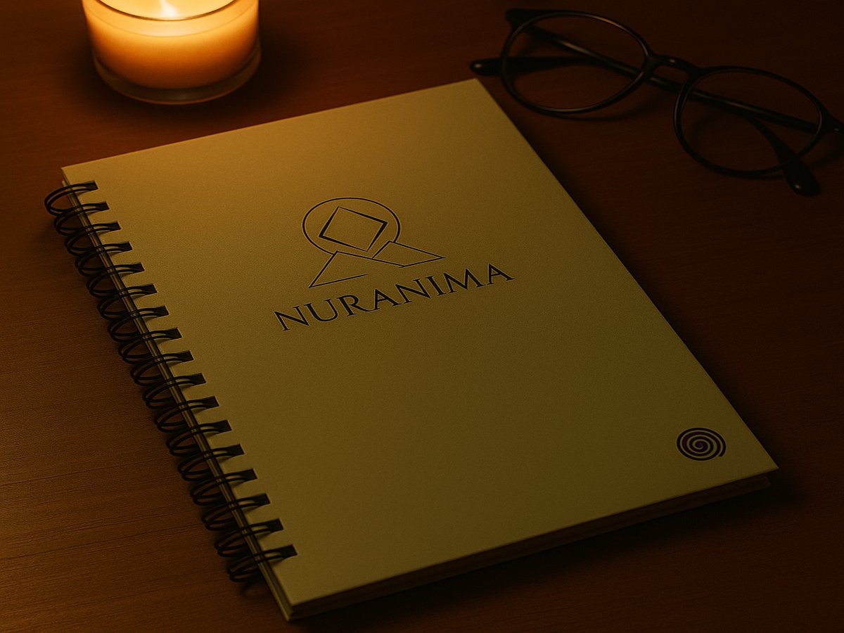 Libreta NURANIMA Propositum (tapa dura, espiral Wire-o negro) sobre mesa de madera, con vela y gafas en ambiente nocturno